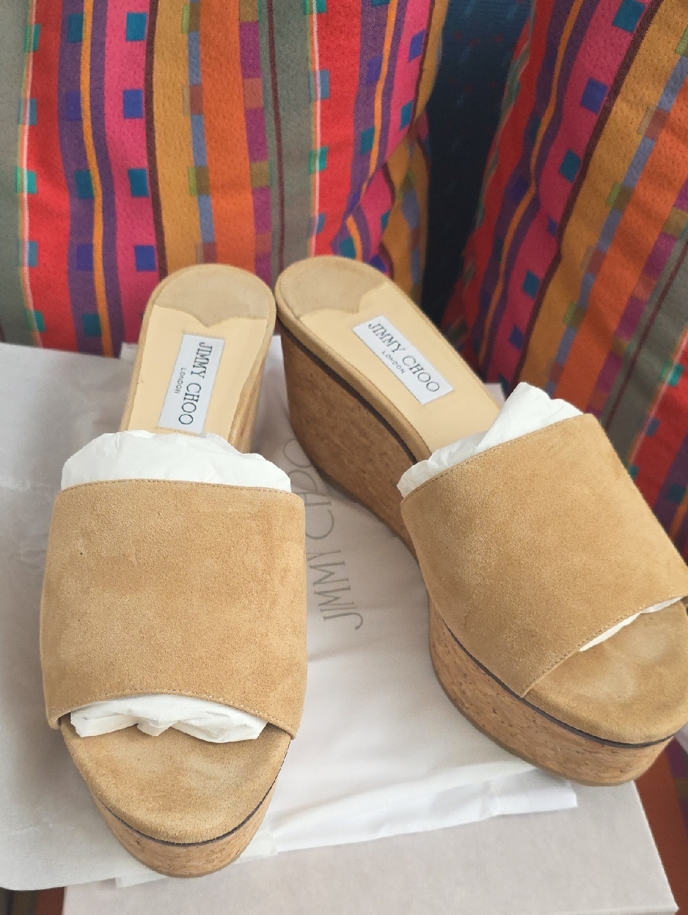 Jimmy Choo Tan Suede Cork Wedge Slide Sandals